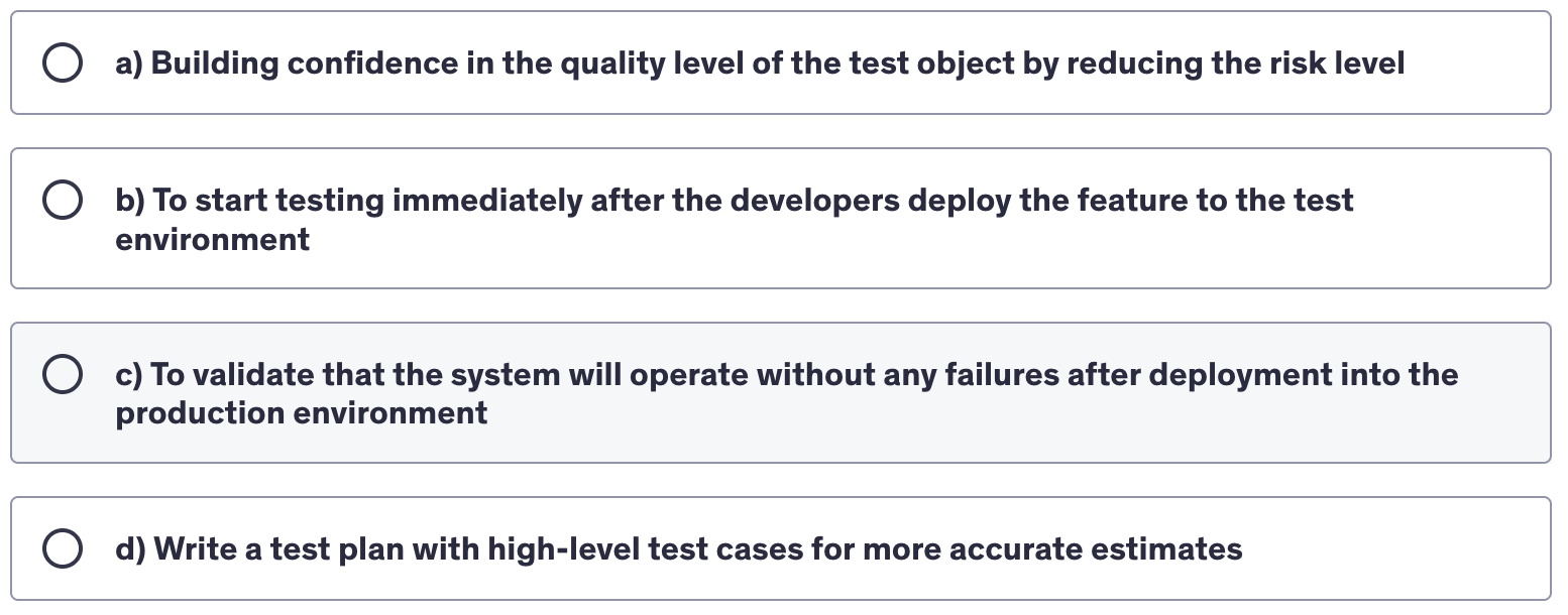 <p>Which of the following statements is a valid objective for testing?</p>