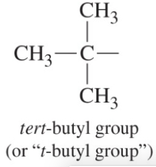 <p>tert-butyl group(t-butyl group) - four carbons</p>