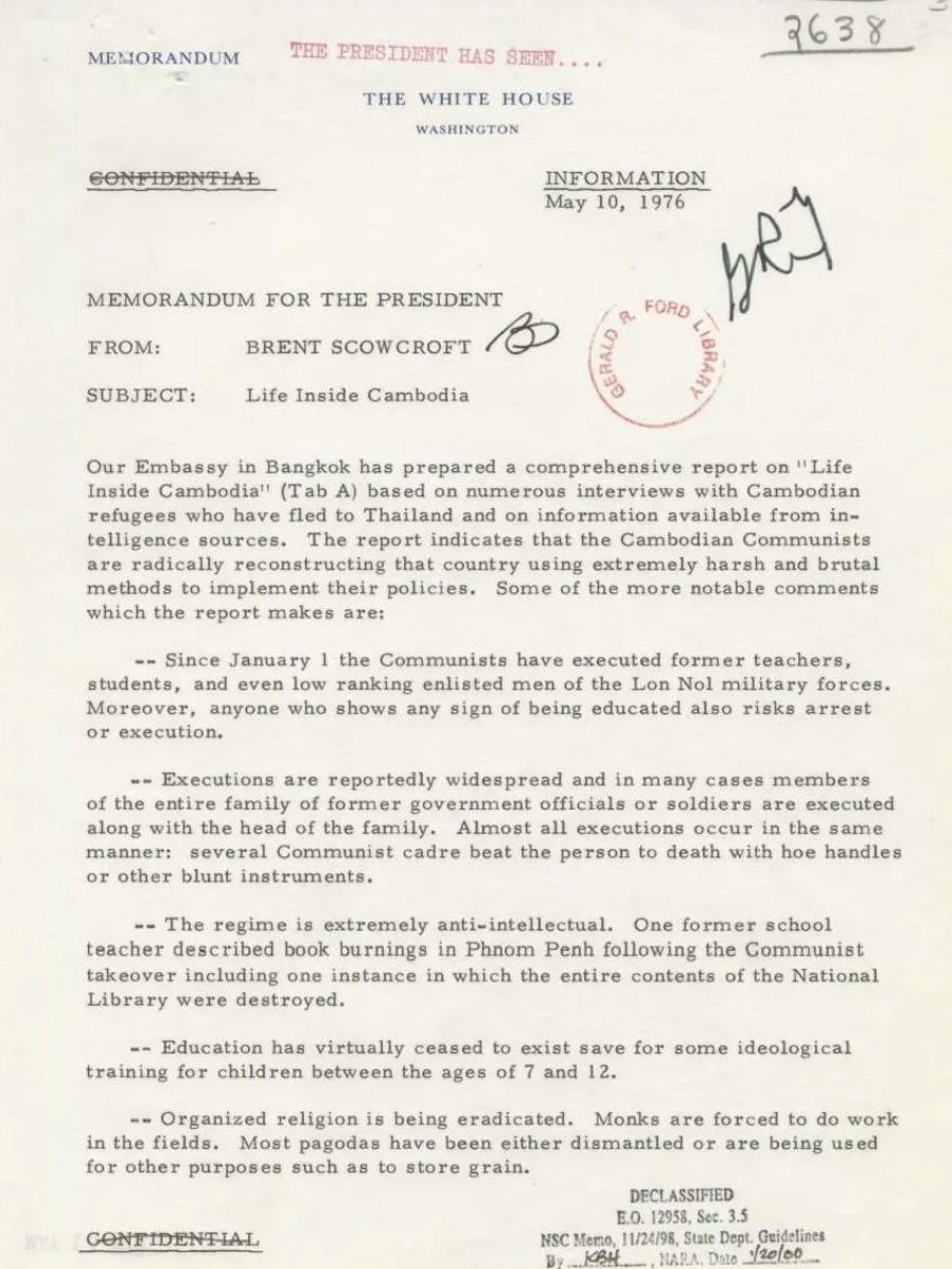 <p>In a memo from the national security advisor to President Ford, what was happening to the people of Cambodia?</p>