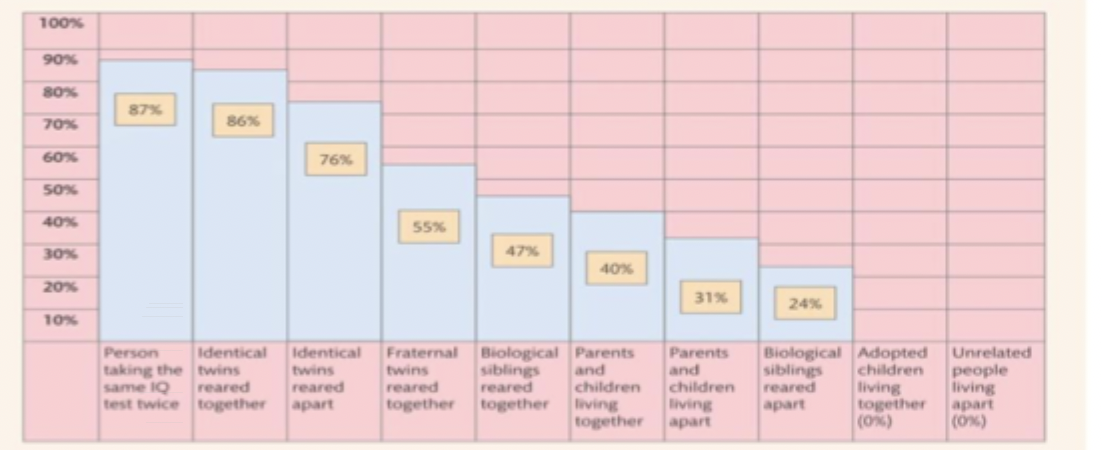 <ul><li><p>variability decreases from identical twins reared together (86%) and identical twins reared apart (76%) suggesting that the environment must play some part but genetics have large role</p></li><li><p>shared variability is 0% for adopted children living together. Same environment but different biology. No correlation suggests genetics must play some part</p></li></ul><p></p>