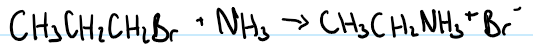 <p>reaction happens in two stages</p><p>reactants are ammonia and a primary haloalkane</p><ol><li><p>in first stage a salt is formed as amines are bases</p></li></ol><p> e.g. CH<sub>3</sub>CH<sub>2</sub>CH<sub>2</sub>Br + NH<sub>3</sub> → CH<sub>3</sub>CH<sub>2</sub>CH<sub>2</sub>NH<sub>3</sub><sup>+</sup>Br<sup>-</sup></p><ol start="2"><li><p>a reversible reaction can then take place between this salt and excess ammonia in the mixture</p></li></ol><p> e.g. CH<sub>3</sub>CH<sub>2</sub>CH<sub>2</sub>NH<sub>3</sub><sup>+</sup>Br<sup>-</sup> + NH<sub>3</sub> ←→ CH<sub>3</sub>CH<sub>2</sub>CH<sub>2</sub>NH<sub>2</sub> + NH<sub>4</sub><sup>+</sup>Br<sup>-</sup></p><ul><li><p>the ammonia removes a hydrogen ion from the propylammonium ion to leave a primary amine</p></li><li><p>the more ammonia there is in the mixture the more the forward reaction is favoured, therefore the reaction is often completed with a high excess of ammonia reagent in order to maximise yield of the product</p></li></ul><p></p>