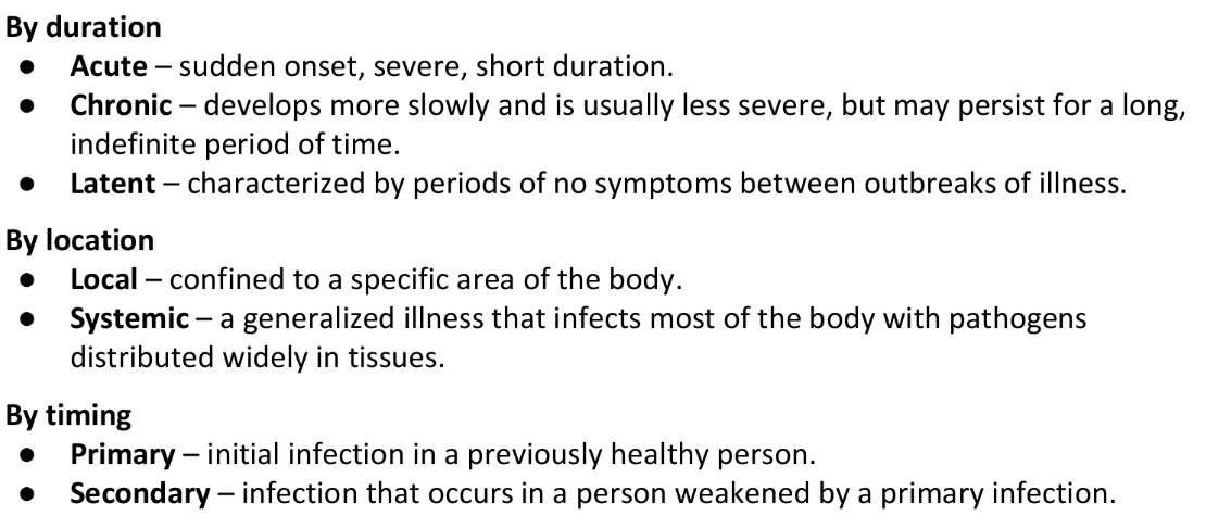 <p>+ By geography</p><ul><li><p>Endemic/Enzootic - The constant presence of a disease or infectious agent within a given geographic area.</p></li></ul><ul><li><p>Epidemic/Epizootic - The occurrence in an area of a disease or illness in excess of what may be expected on the basis of past experience for a given population (in the case of a new disease, such as AIDS, any occurrence may be considered "epidemic").</p></li></ul><ul><li><p>Pandemic/Panzootic - A worldwide epidemic affecting an exceptionally high proportion of the global population.</p></li></ul><p></p>