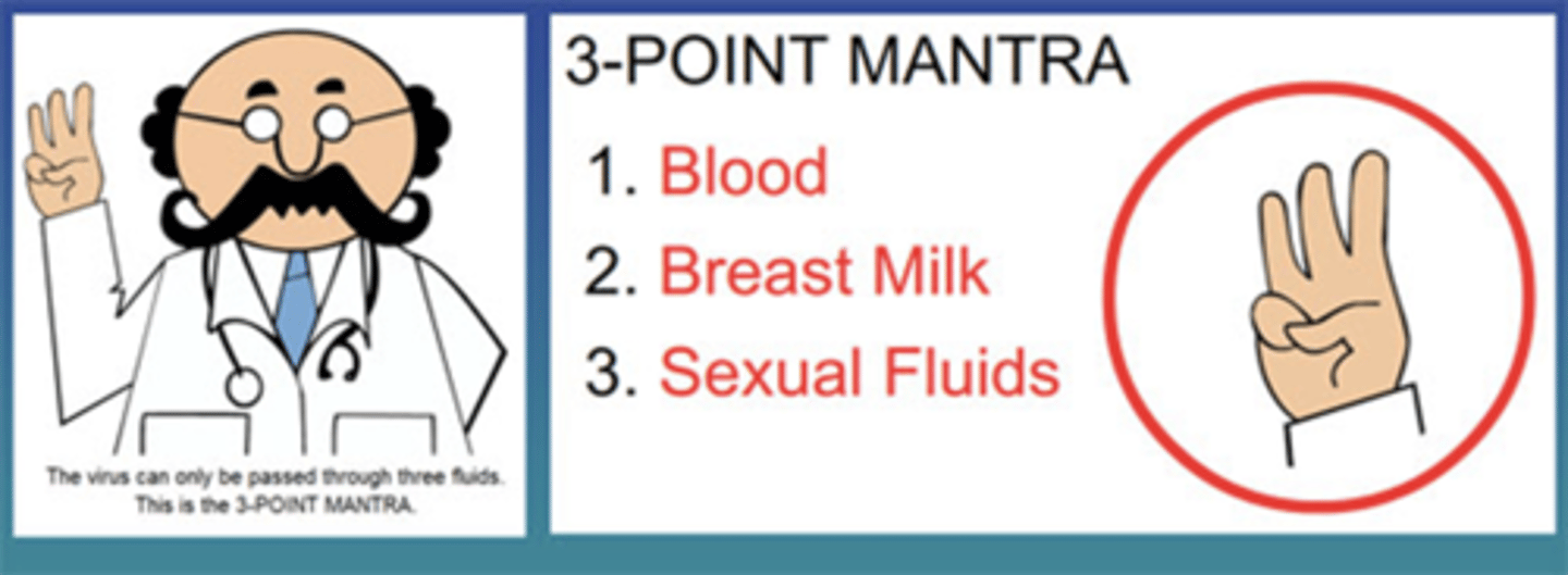 <p>Blood, semen, breast milk</p>