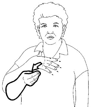 Start with a flat hand on the chest and
the thumb up and then pull the hand away
with the thumb and fingers touching