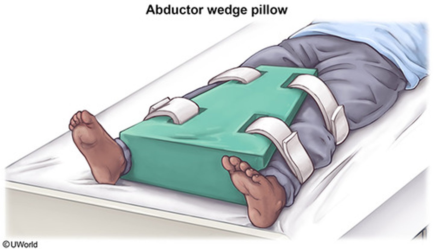 <p>designed to separate the legs of a patient. It is often used after hip surgery to prevent the new hip from "popping out". Prevents adduction.</p>