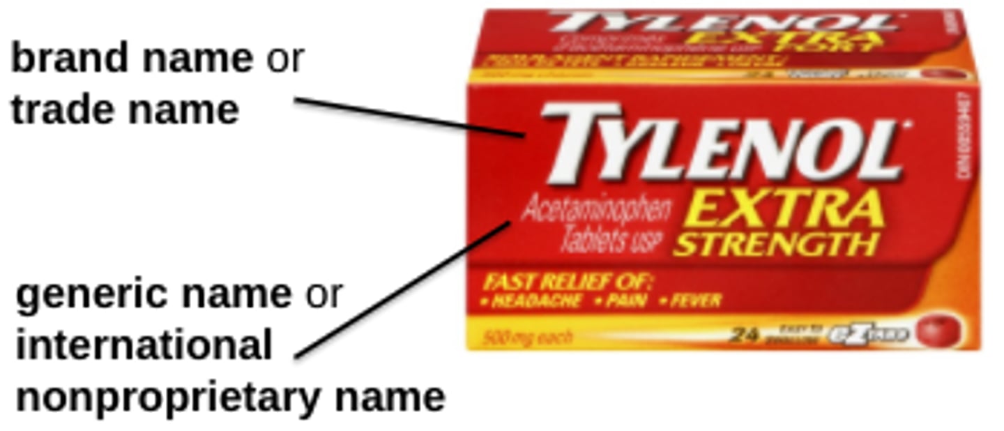 <p>1/3 type of drug name</p><p>- a drug w/o a proprietary affiliation('ownership by a company')</p><p>- ONE 'this' per drug. same name throughout the world</p>