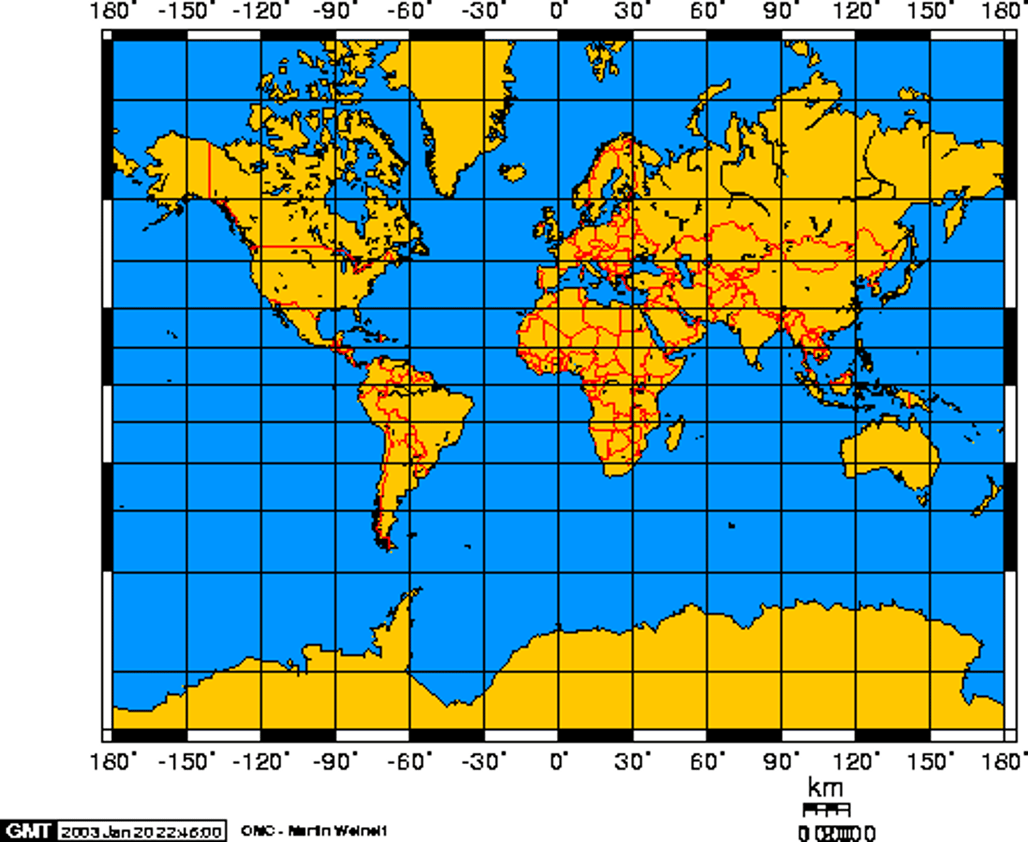 <p>a projection of a map of the world onto a cylinder in such a way that all the parallels of latitude have the same length as the equator, EX: used especially for marine charts and certain climatological maps.</p>