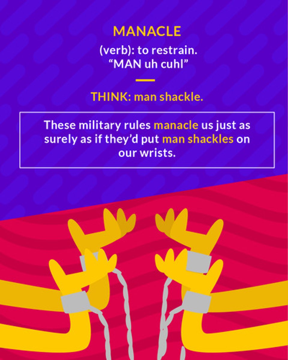 <p>(n., usually pl.) a handcuff, anything that chains or confines; (v.) to chain or restrain (as with handcuffs)</p><p>(verb) to restrain</p>