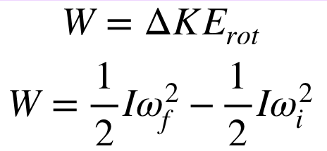 <ul><li><p>the kinetic energy that an object posseses due to its rotation</p></li><li><p>work is equal to the change in kinetic enrgy </p></li><li><p></p></li></ul><p></p>