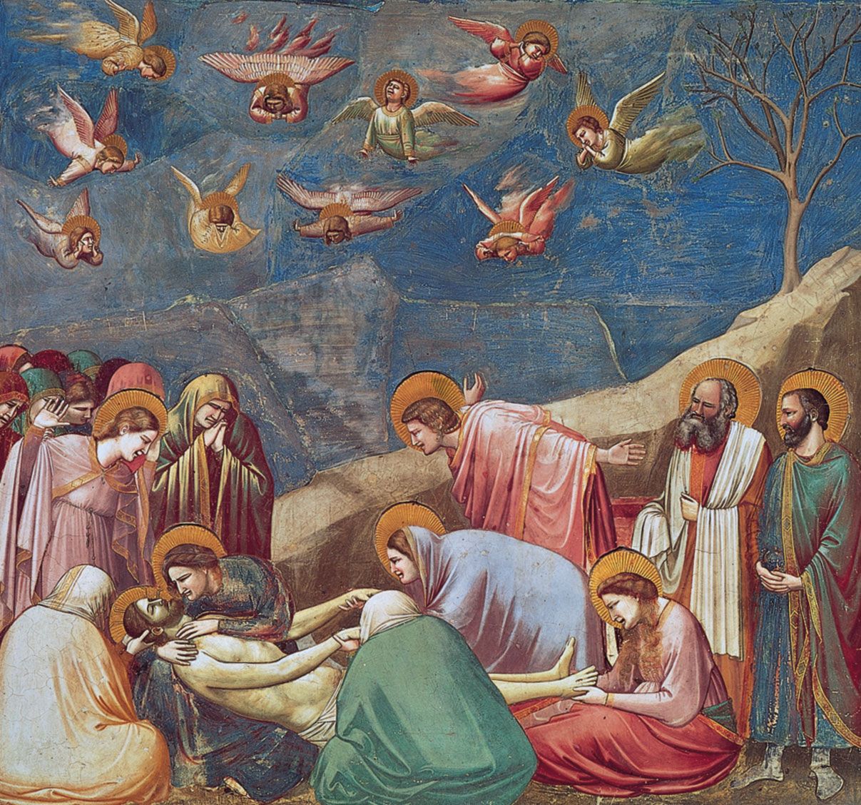 <p><strong>Made by <mark data-color="yellow" style="background-color: yellow; color: inherit;">Giotto</mark>. </strong><span style="background-color: transparent;"><strong><span>The “cast” includes: Virgin Mary, Saint John the Baptist, Mary Magdalene, and the random filler mfs</span></strong></span></p><ul><li><p><span style="background-color: transparent;"><strong><span>There wasn't a lot of emotionalism in art during this time period, but he did it here for the relatability within the artwork.</span></strong></span></p></li><li><p><span style="background-color: transparent;"><strong><span>No hierarchy of scale, as it just deletes relatability&nbsp;</span></strong></span></p></li><li><p><span style="background-color: transparent;"><strong><span>Individualized body language and facial expressions</span></strong></span></p></li><li><p><strong>Foreshortening for depth (angels look like they inhabit the space)</strong></p></li></ul><p></p>