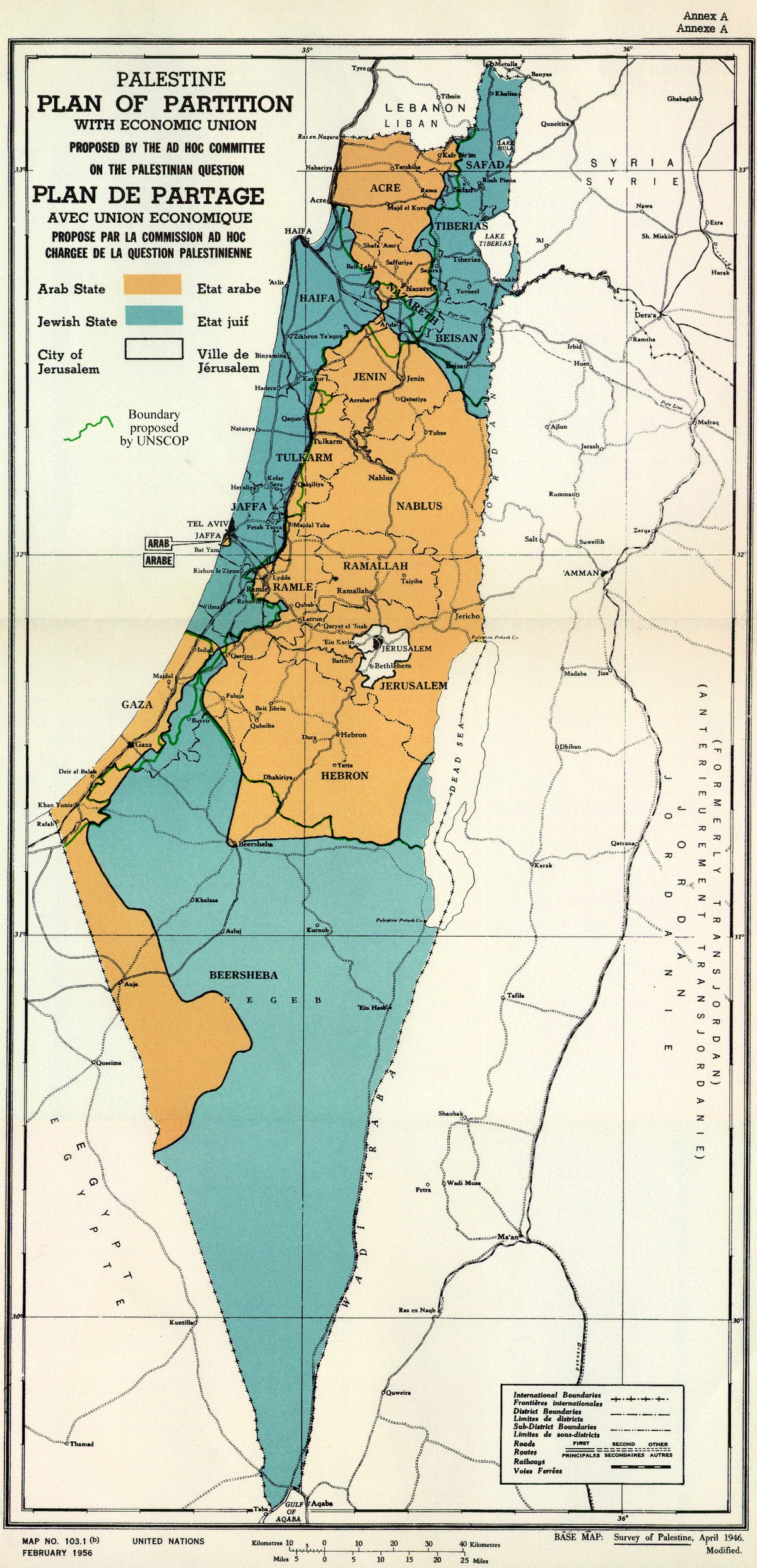 <p>UN partition of Israel. </p><p>The UN proposes a a partition of the Palestinian  and Israeli State. The Israelis like the plan, the Palestinians don’t.</p>