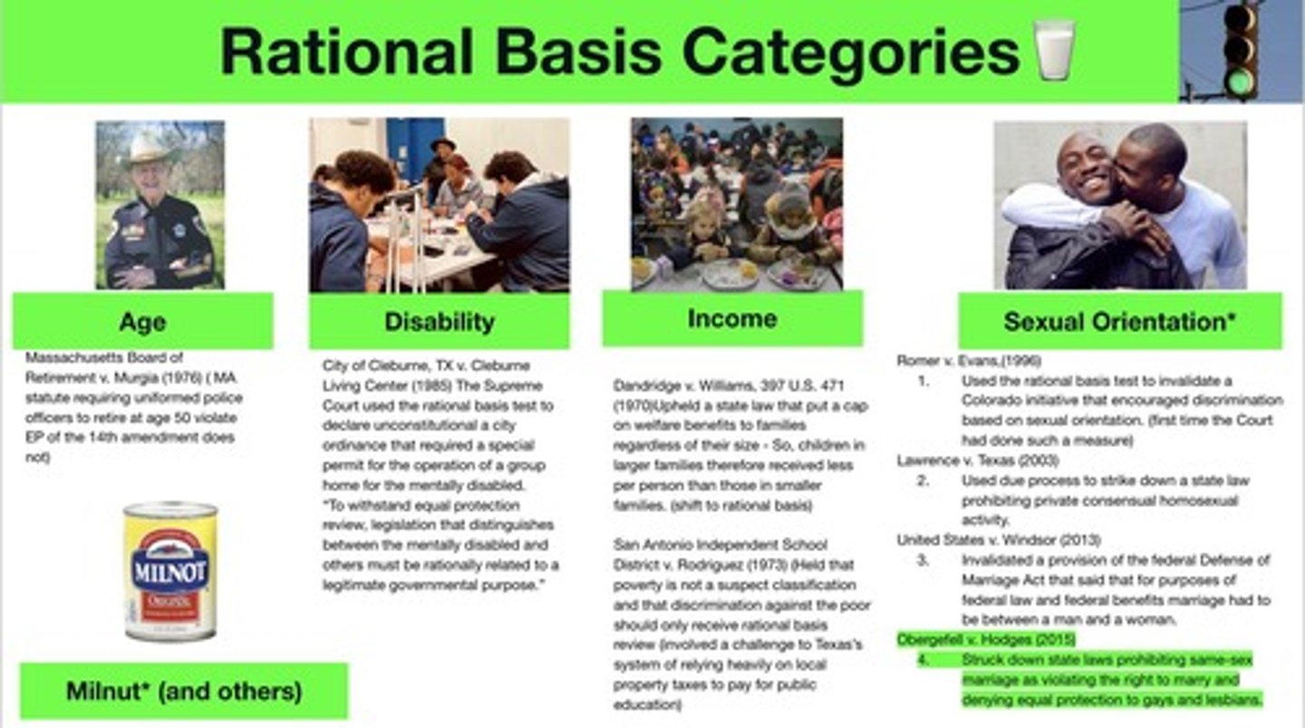 <p>- lowest level of judicial scrutiny</p><p>- determines if a law is constitutional by checking if it is rationally related to a LEGITIMATE GOVERNMENT INTEREST --&gt; law must serve a valid purpose, such as public health, safety, or welfare</p><p>- used when a law does not involve a fundamental right or suspect classification and requires the government's action to have a logical connection to a valid purpose, even if it's not the best way to achieve that goal</p><p>- government is presumed to be acting constitutionally, and the burden of proof is on the person challenging the law</p>