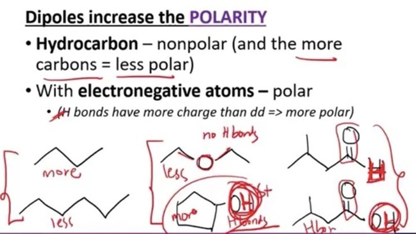<p>e. b and c</p><p>*a) Hydrocarbons are non polar. More carbons make it more non polar.</p><p>b. Presence of electronegative atoms</p><p>c. Presence of dipole or H bonding</p><p>- H bonding will induce more polarity since its stronger</p>