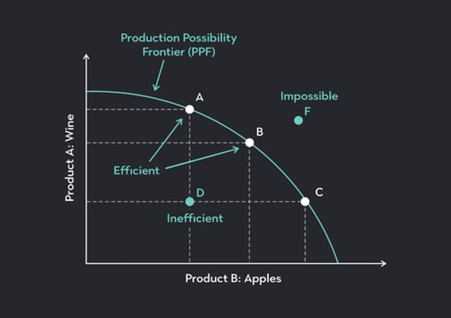 <p>Graph showing trade-offs between two goods.</p>