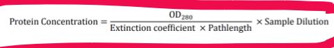 <p>Use Beer-Lambert law where:</p><p>Absorbance = extinction coefficient x concentration x path length</p><p>&nbsp;</p>