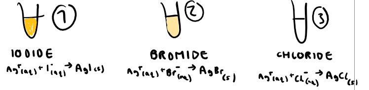 <ol><li><p>Iodoalkane: yellow precipitate</p></li><li><p>Bromoalkane: cream precipitate</p></li><li><p>Chloroalkane: white precipitate</p></li></ol><p></p>