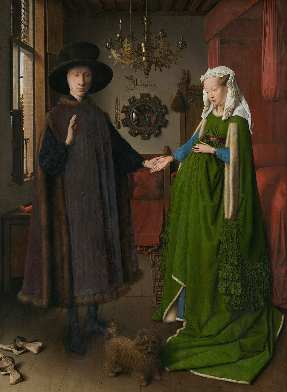 <p>Form:</p><p>-Renaissance</p><p>Content:</p><p>-betrothal (engagement)</p><p>-dog represents wealth and fidelity</p><p>-barefeet- something sacred taking place</p><p>-Patron saint of domesticity (St. Margaret</p><p>-Vaneyck signature and reflection in mirror</p><p>-witnesses of the marriage shown in the mirror</p><p>Function:</p><p>-shows status, wealth, power</p><p>Context:</p><p>-Flanders</p>