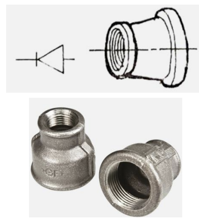 <p>A pipe fitting with inside threads, larger at one end than at the other</p>