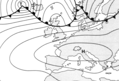 <p>Benenne das Druckgebilde und wie ist das Wetter in der Schweiz?</p>