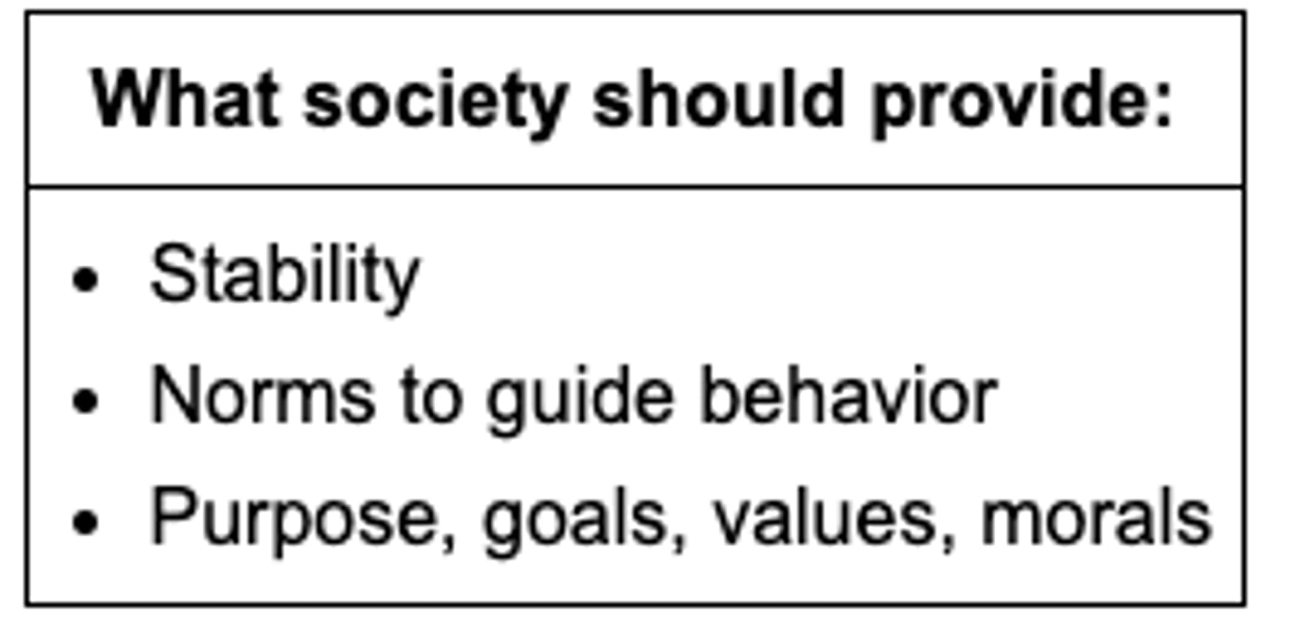 <p>State of normlessness <br>-society without guidance or purpose, leading to alienation from society <br><br>(ex. farmers who moved to cities during Industrial Revolution experienced anomie)</p>