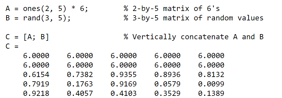 <p><span>Creating a new matrix out of two previous matrices added as separate rows, C=[A; B]</span></p>