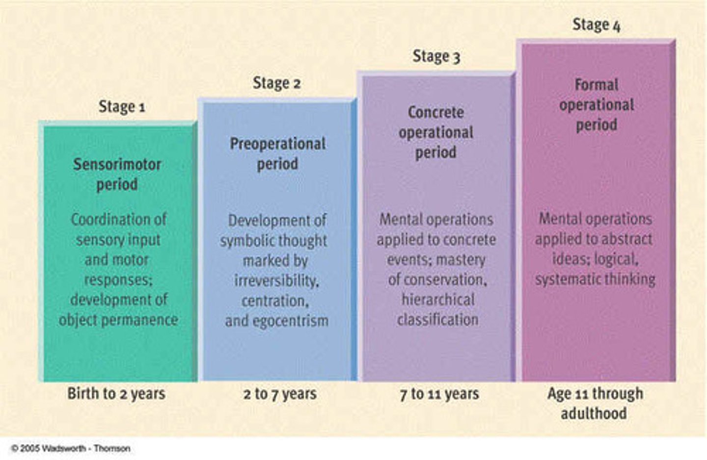 <p>Genetic Epistemology- Developmental Stages of Child Development:</p><p>0-2 years: "sensorimotor"- motor development</p><p>3-7 years: "preoperation"- intuitive</p><p>8-11 years: "concrete operational"- logical, but non-abstract</p><p>12-15 years: "formal operations"- abstract thinking</p>