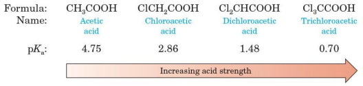 <ul><li><p>acetic acid</p></li><li><p>chloroacetic acid</p></li><li><p>dichloroacetic acid&nbsp;</p></li><li><p>trichloroacetic acid&nbsp;</p></li></ul><p></p>