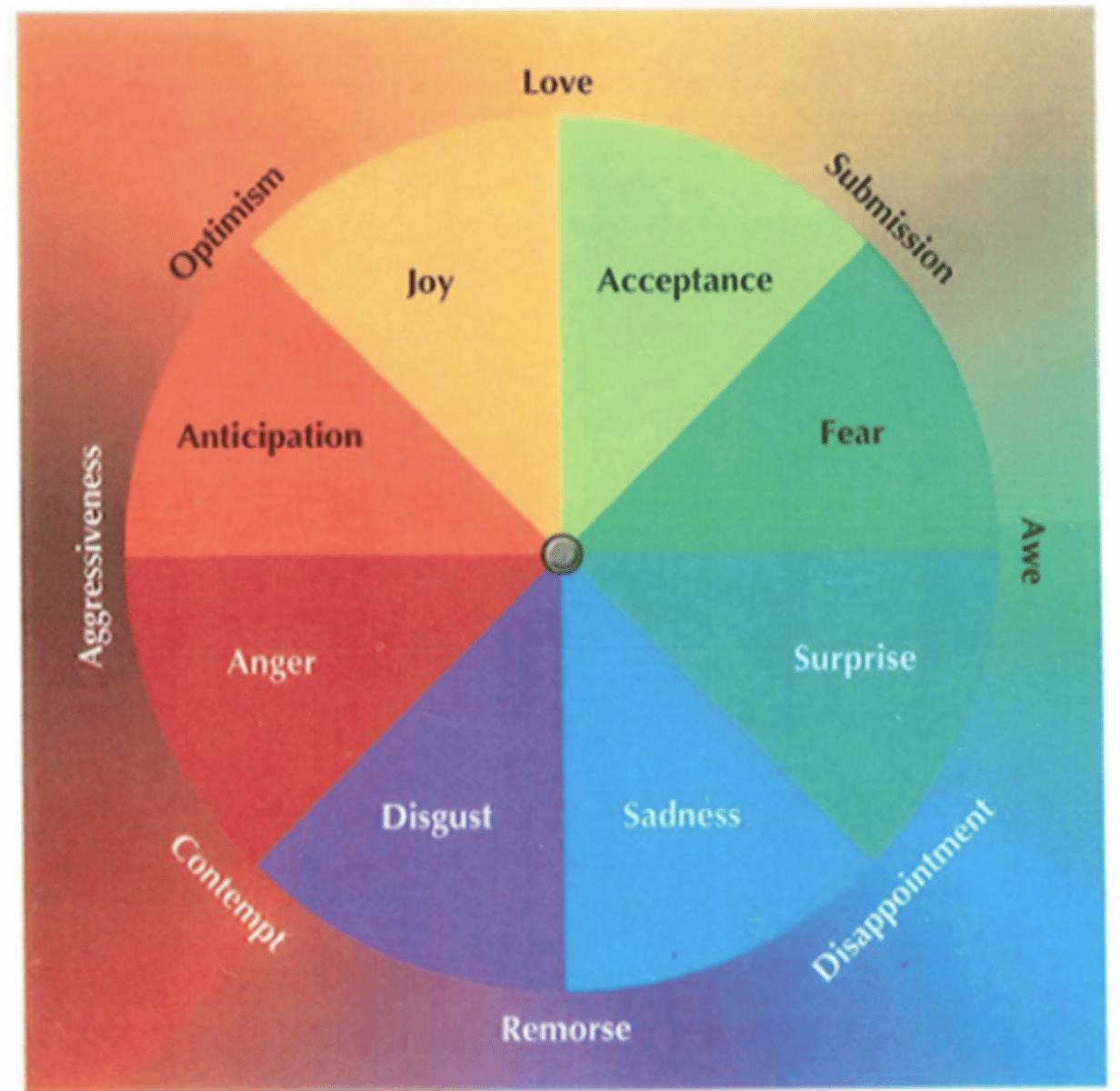<p>8 primary = joy, acceptance, fear, surprise, sadness, disgust, anger, anticipation</p><p>- he claimed we can experience adjacent emotions but not ones opposite of each other</p>