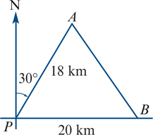 <p>a ship left the port P and sailed 18km on a bearing of 030° to point A. another ship left port P and sailed 20km east to point B. find the distance from A to B, correct to one decimal place</p>