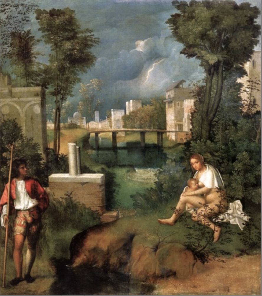 * Regarded as a “poetic” painting and ambiguity regarding the meaning of the piece
* Dozens of possible meanings: Eve nursing Cain viewed by Adam, the Virgin Mary nursing Jesus seen by one of the shepherds, possibly related to greek mythology because of thunder in background and the fact that a person is depicted as nude, which was common in Greek art?