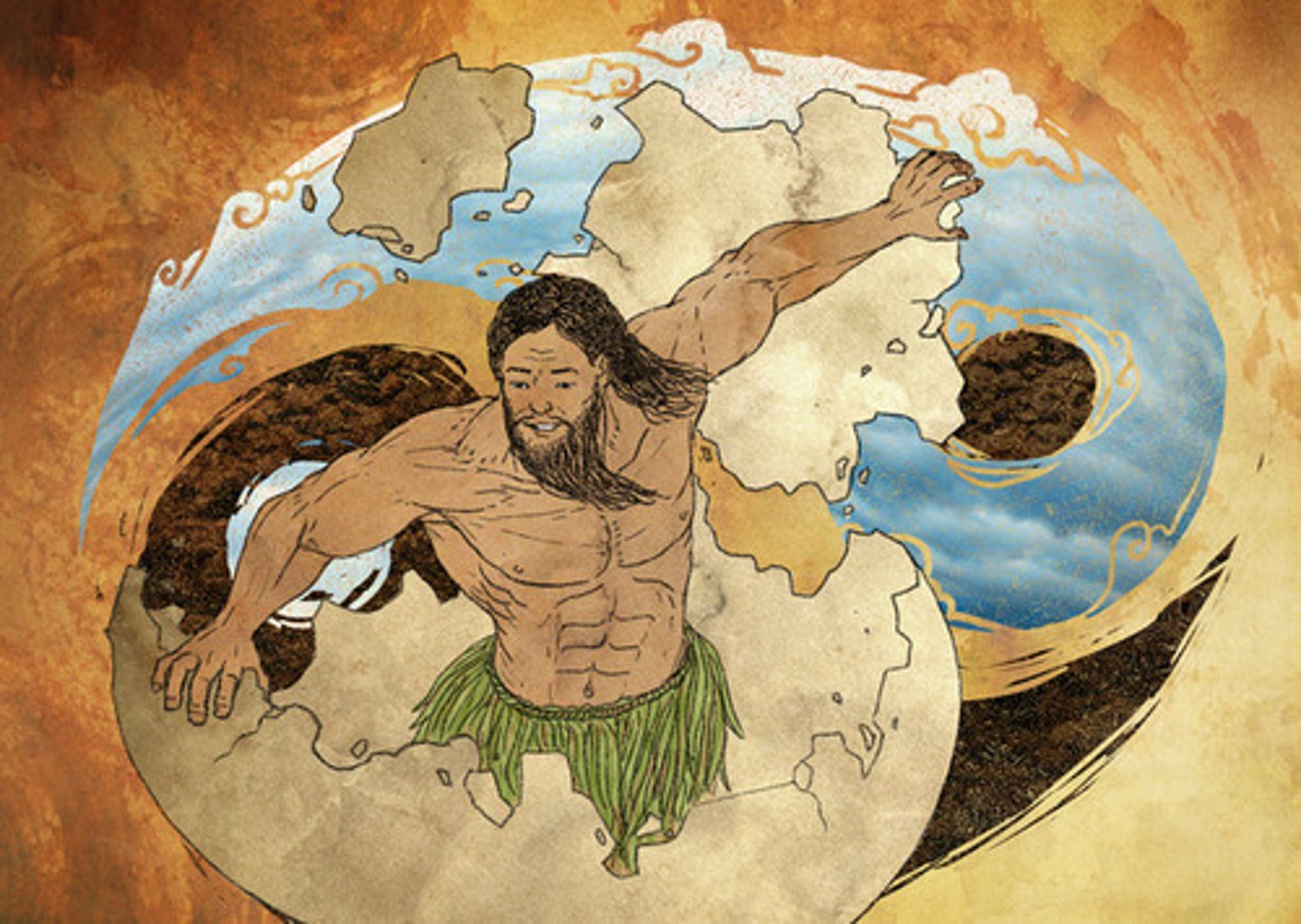 <p>In Chinese creation mythology, the creator of the world; responsible for separating Earth and sky</p>
