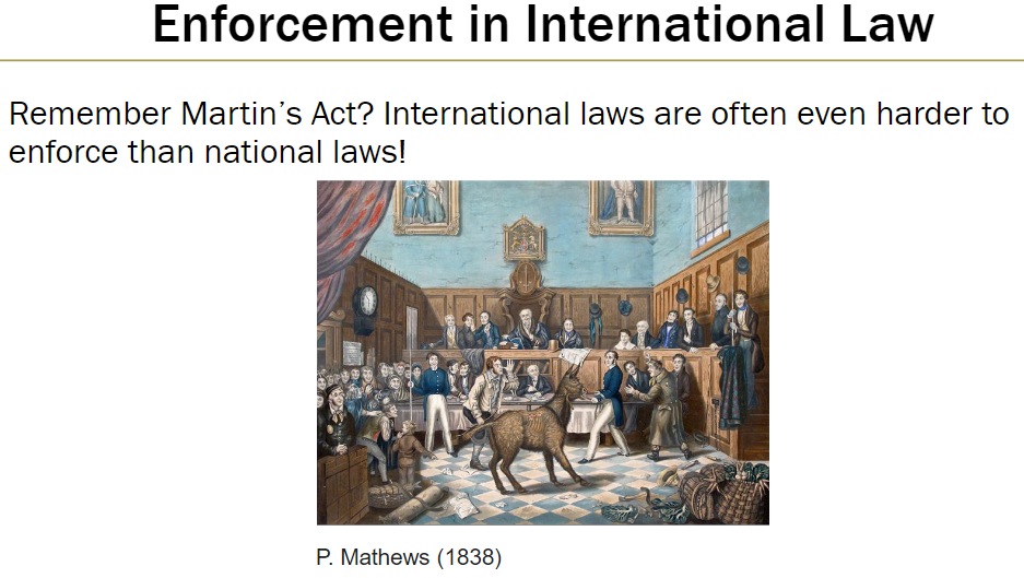 <p> International laws are often even harder to enforce than national laws<br> Recall Martin’s Act as an example of how enforcement challenges can limit the effectiveness of laws</p>