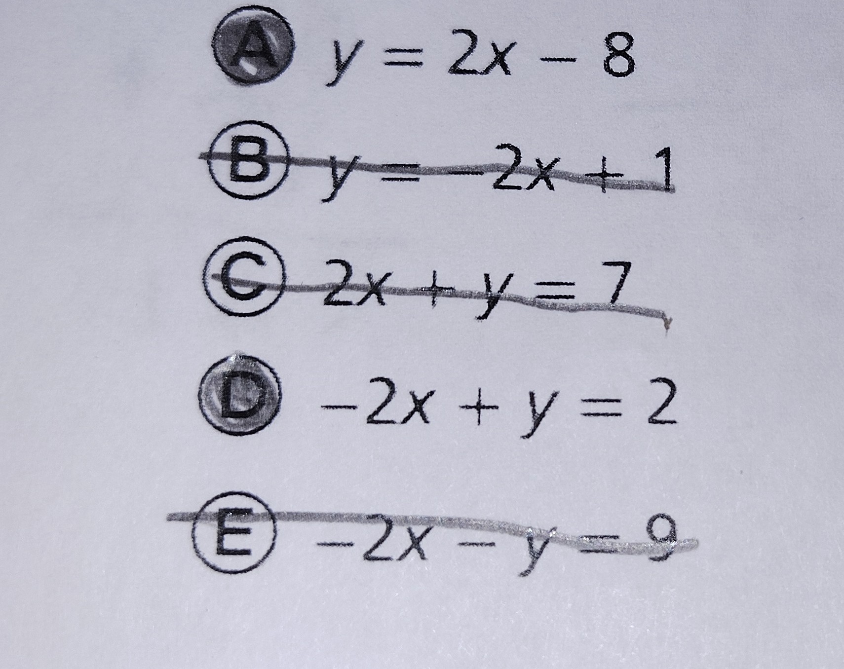 <p>A) y=2x-8      D)  -2x+y=9</p>