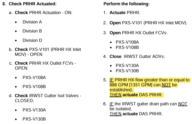 <p>You have Manually actuated PDSP PRHR<br>Manually cycled all applicable flowpath/gutter valves</p><p><u>IF</u> PRHR Flow cannot be established &gt;888gpm [&gt;1,351gpm]<br><u>IF</u> Gutter drain path cannot be isolated</p>