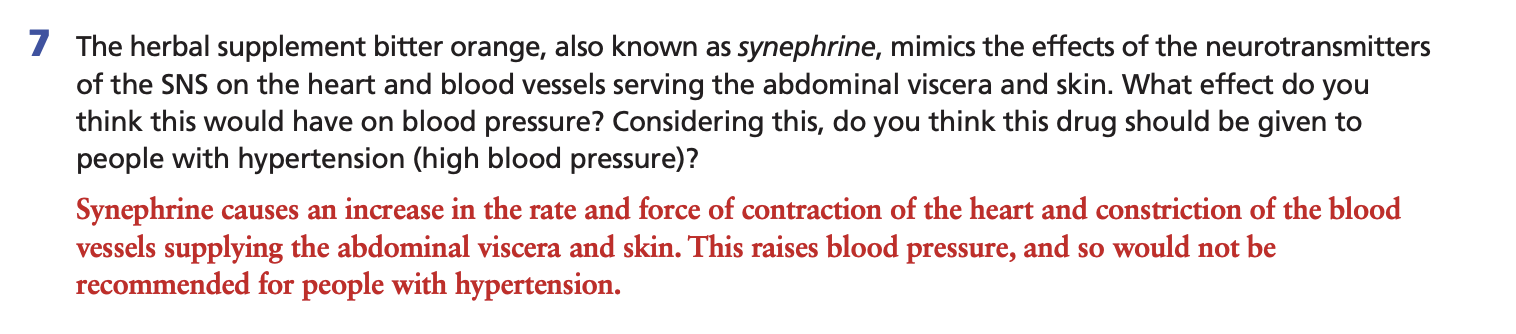 <p>Causes an <strong>increase</strong> in the rate and force of contraction of the heart and <strong>constriction</strong> of the blood vessels supplying the abdominal viscera and skin</p><ol><li><p> <strong>Raises</strong> blood pressure</p></li><li><p><strong>Not recommended</strong> for people with hypertension</p></li></ol><p></p>