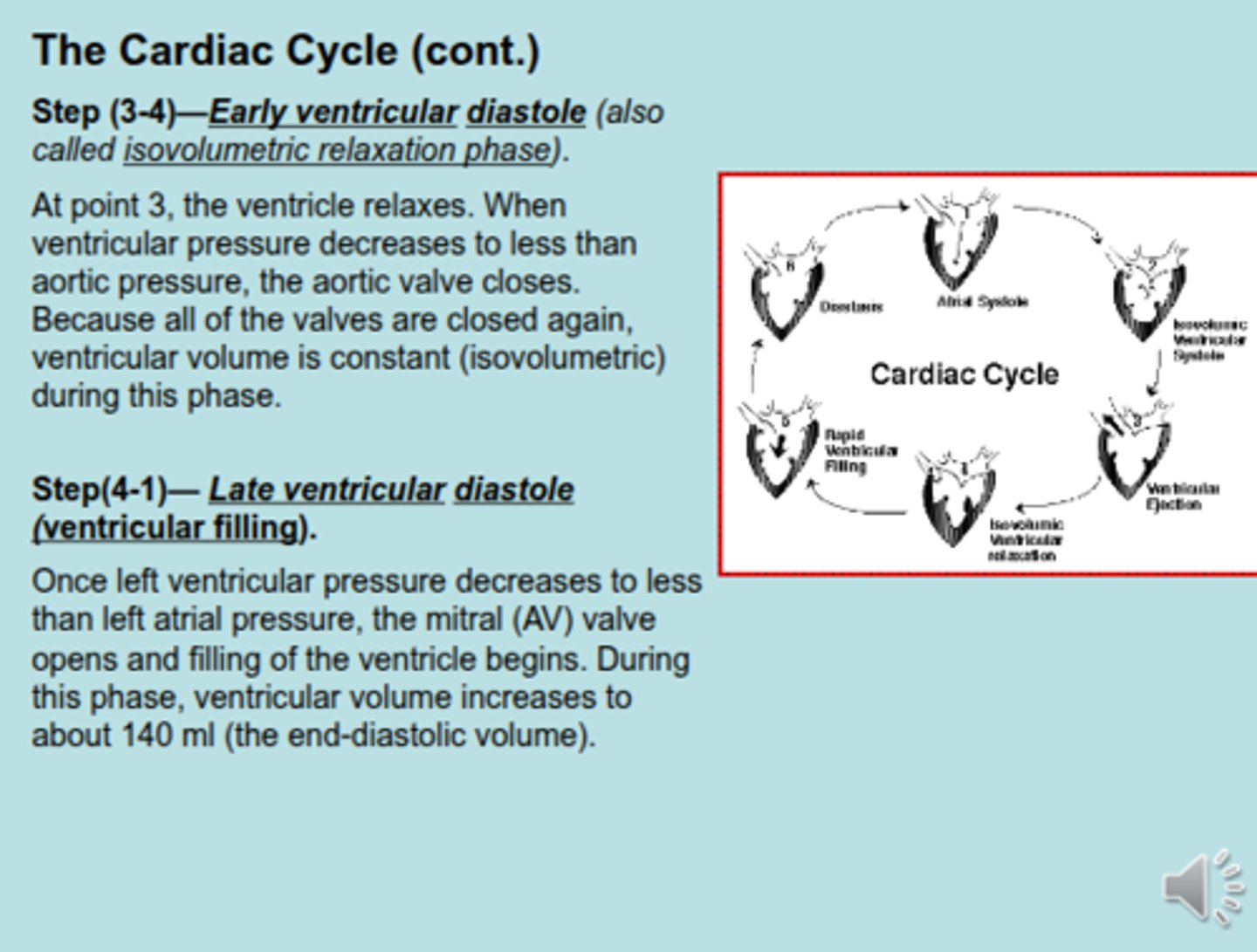 <p>FROM LEC VID :</p><p>- pressure in ventricle drops to 0</p><p>- atrial pressure here is much higher than ventricular pressure because atria received 70 mL of blood from venous return</p><p>-the ventricle is relaxed</p><p>- point 4 is end systolic volume (70 mL)</p>