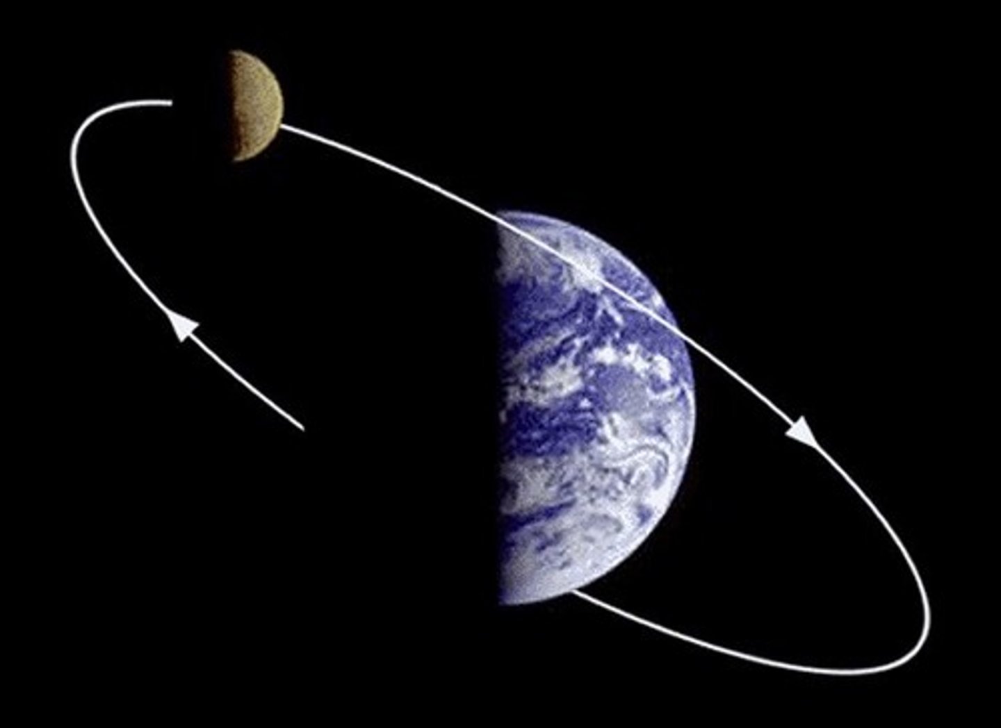 <p>The path an object follows as it moves around another object. The moon does this around the Earth. Earth does this around the sun.</p>
