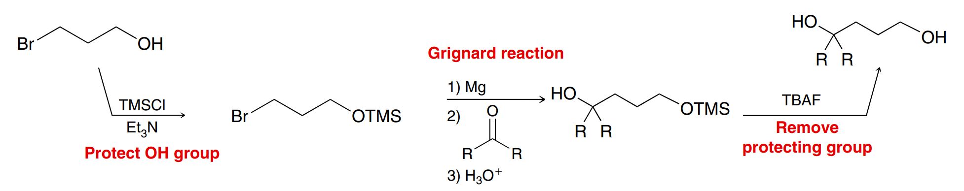 <p>TMSCl with Et3N protects the OH group: O from OH attacks Si, Cl leaves, Et3N removes H from Oxygen and OH is converted into OTMS<br>Afterward, proceed with Grignard reagent: 1. Mg, 2. Ketone or aldehyde (with whatever needs to be added), 3. H3O+<br>Then use TBAF to remove TMS and replace O with OH</p>