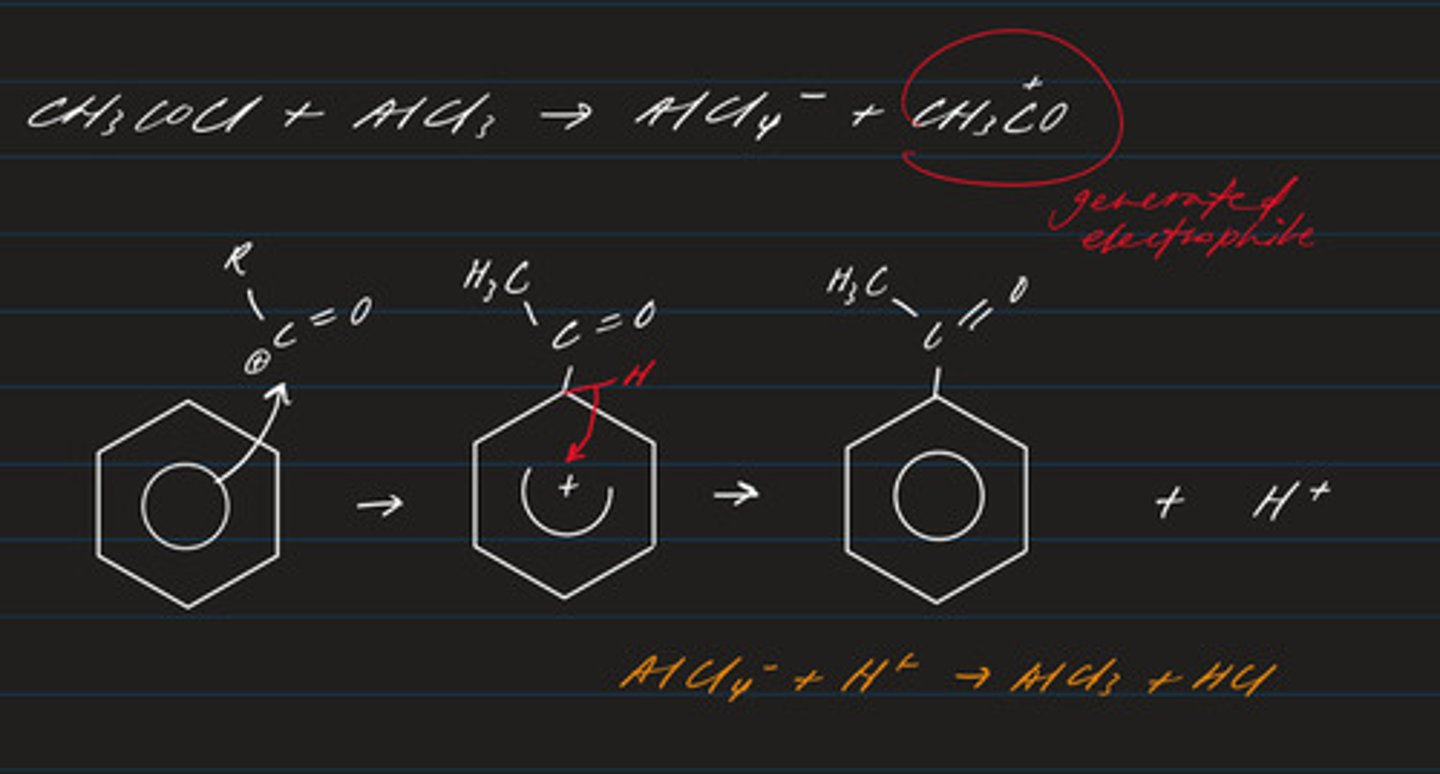 <p>- electrophilic substitution (electrophile: RCO⁺)</p><p>- product: phenyl ketone or aldehyde</p>
