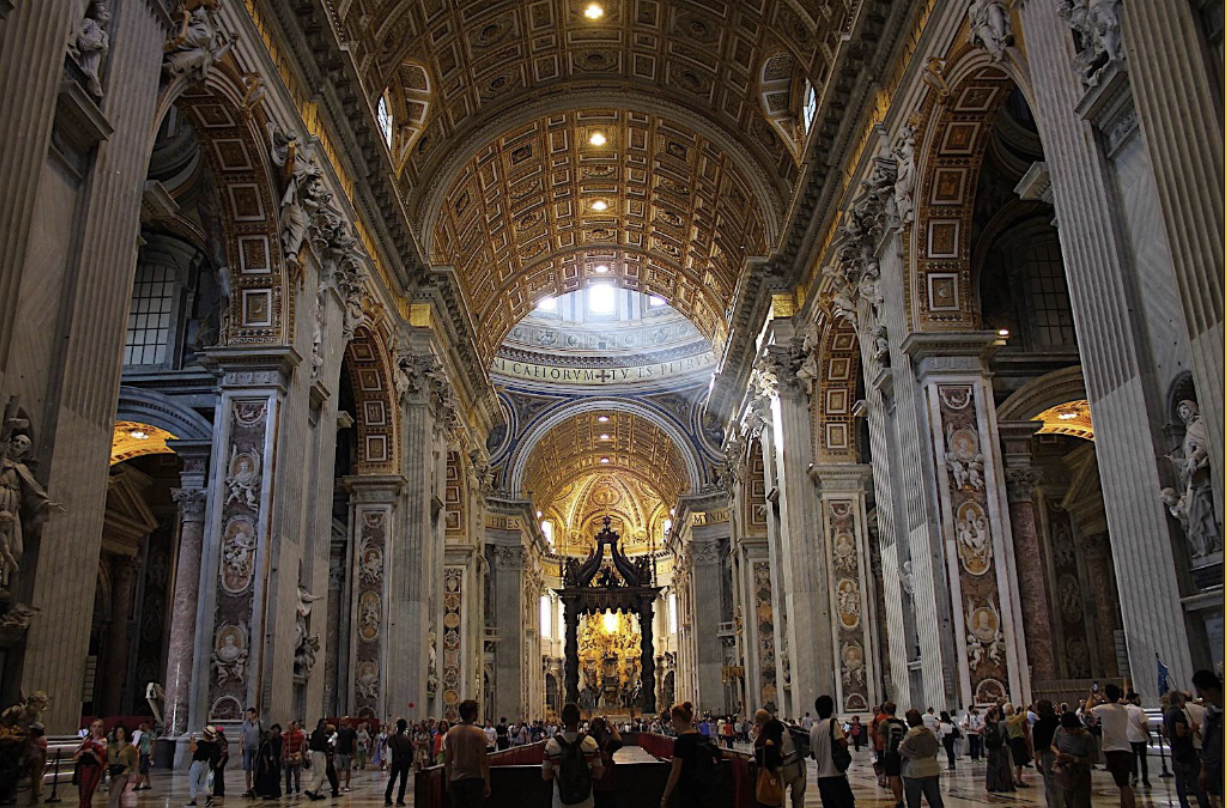 <p>Carlo Maderno, nave (central aisle) St. Peter’s Basilica Vatican City designed: 1607 length: 730 ft</p>