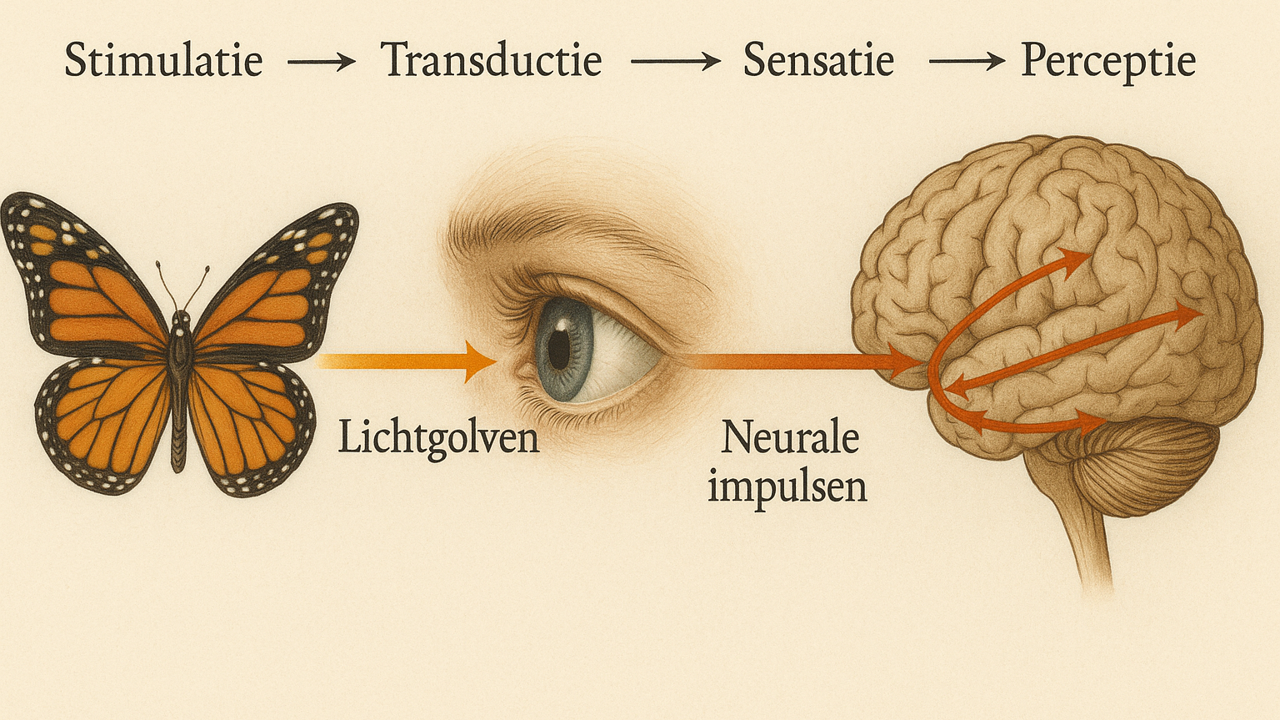<ul><li><p>Een actief en cognitief proces waarbij patronen van sensaties worden opgenomen, geselecteerd en georganiseerd en geïnterpreteerd om betekenis te geven aan de omgeving.</p></li><li><p>Geen passieve registratie maar actieve constructie van werkelijkheid</p></li><li><p>Proces wordt sterk beinvloed door herinneringen, motivatie en emoties</p></li></ul><p></p>
