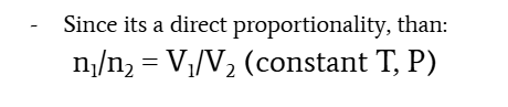 <p>n<sub>1</sub>/n<sub>2</sub> = V<sub>1</sub>/V<sub>2</sub></p>