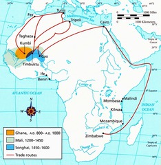 <p>West African kingdoms that built wealth and power through trans-Saharan trade of salt and gold</p>