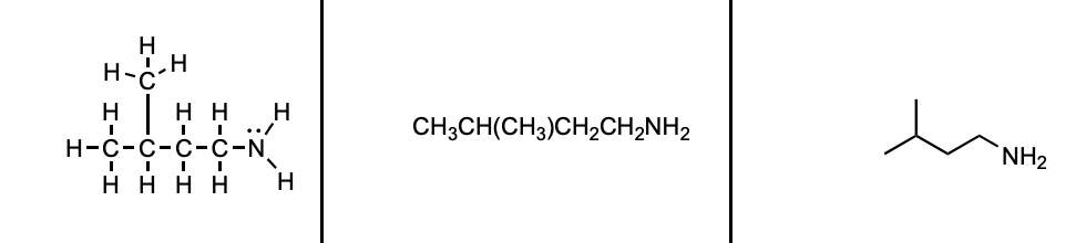 <ul><li><p>lewis structure</p></li><li><p>condensed structure</p></li><li><p>Line-Angle structure</p><ul><li><p>Each "angle" is a carbon. Each "end" is a carbon (unless stated otherwise). The hydrogens on the carbons are usually not shown. [It is common practice to show the hydrogens attached to oxygen, nitrogen, or sulfur.]</p></li></ul></li></ul><p></p>
