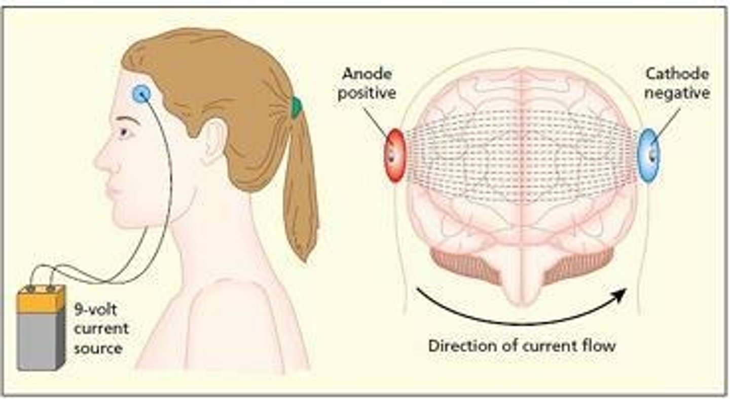 <p>- Utilise un faible courant électrique pour moduler l'activité neuronale</p><p>- Comment ? : une anode (courant positif) induit l'activation des neurones et une cathode (courant négatif) diminue l'activité neuronale. Le courant circule de l'anode à la cathode.</p>