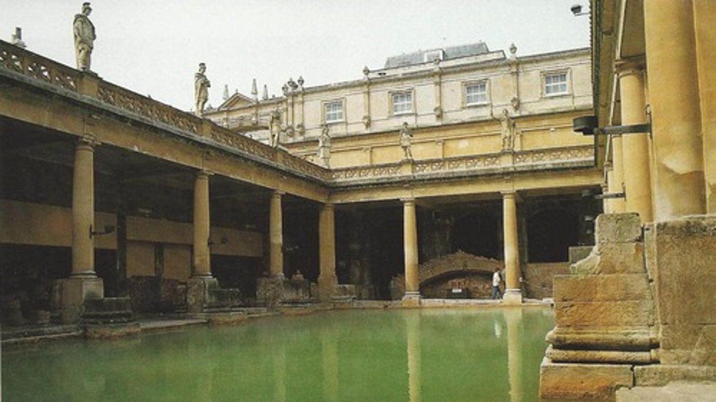 <p>- Public bathing complexes (thermae) central to Roman social and civic life</p><p>- Rooms followed a sequence: apodyterium (changing), frigidarium (cold), tepidarium (warm), caldarium (hot)</p><p>- Often also included gymnasiums, libraries, shops, and gardens</p><p>- Heated by an underfloor hypocaust system circulating hot air</p><p>- Served all social classes and were gathering places for exercise and socializing</p>