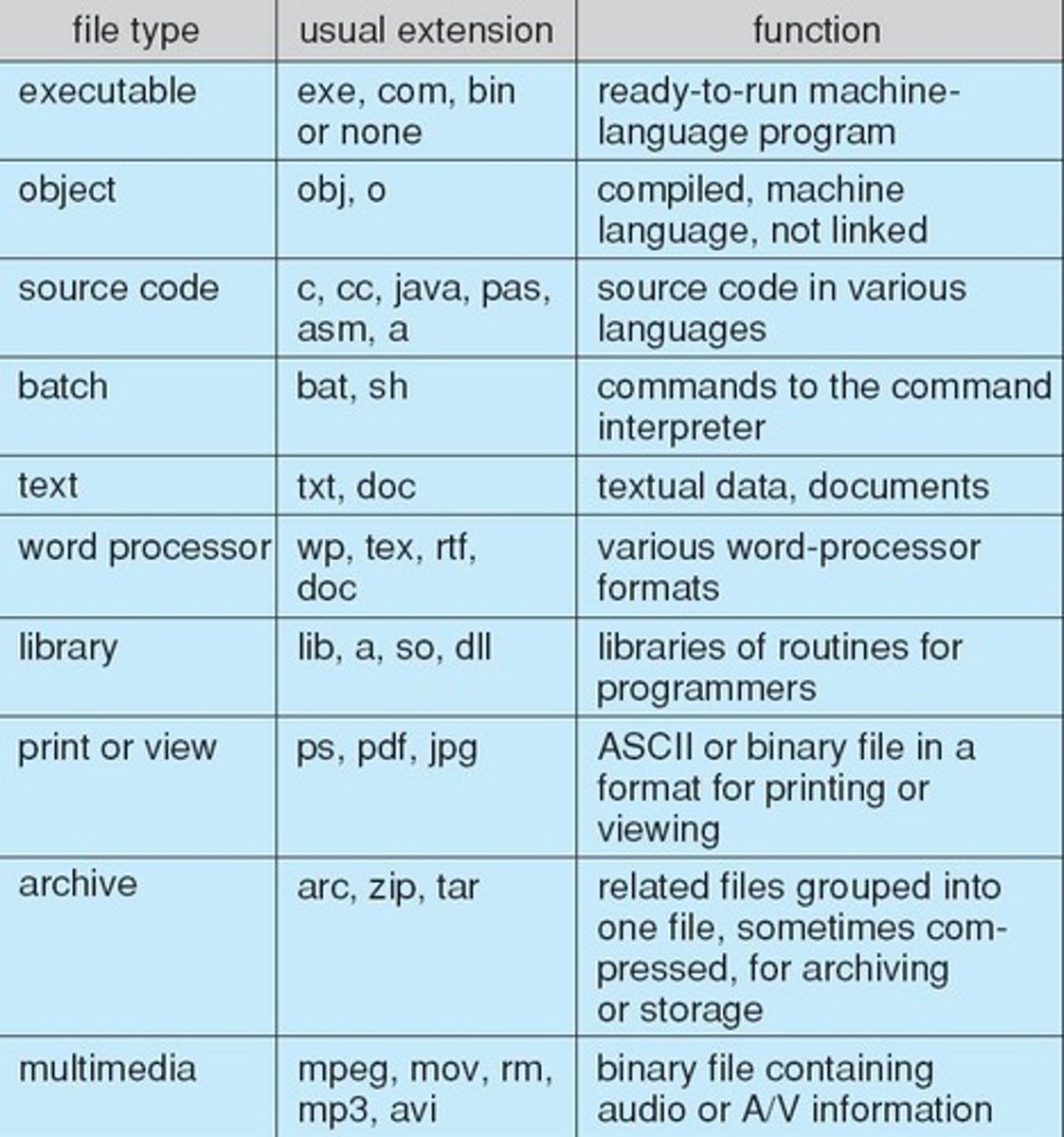 <p>Includes data, program, text, source, executable.</p>
