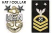 <p>2 Silver Stars, Silver USN on a gold fouled anchor, Perched Eagle, 1 Rocker, Specialty Mark, 3 Chevrons</p>