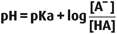 <p>pH = pka + log [A-]/[HA]</p>