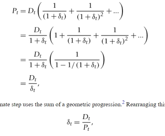 <ul><li><p>where <em>dt</em> = discount rate (on denominator) </p></li><li><p>the price of an equity is equal to the discounted future stream of dividend payments</p></li><li><p>results in deriving the yield curve (last line) </p></li><li><p>the relationship between equity prices and dividends is upward exponentially trending, with stronger intermittent downturns for equity prices </p></li><li><p>can change the property by combining two or more series </p></li></ul><p></p>